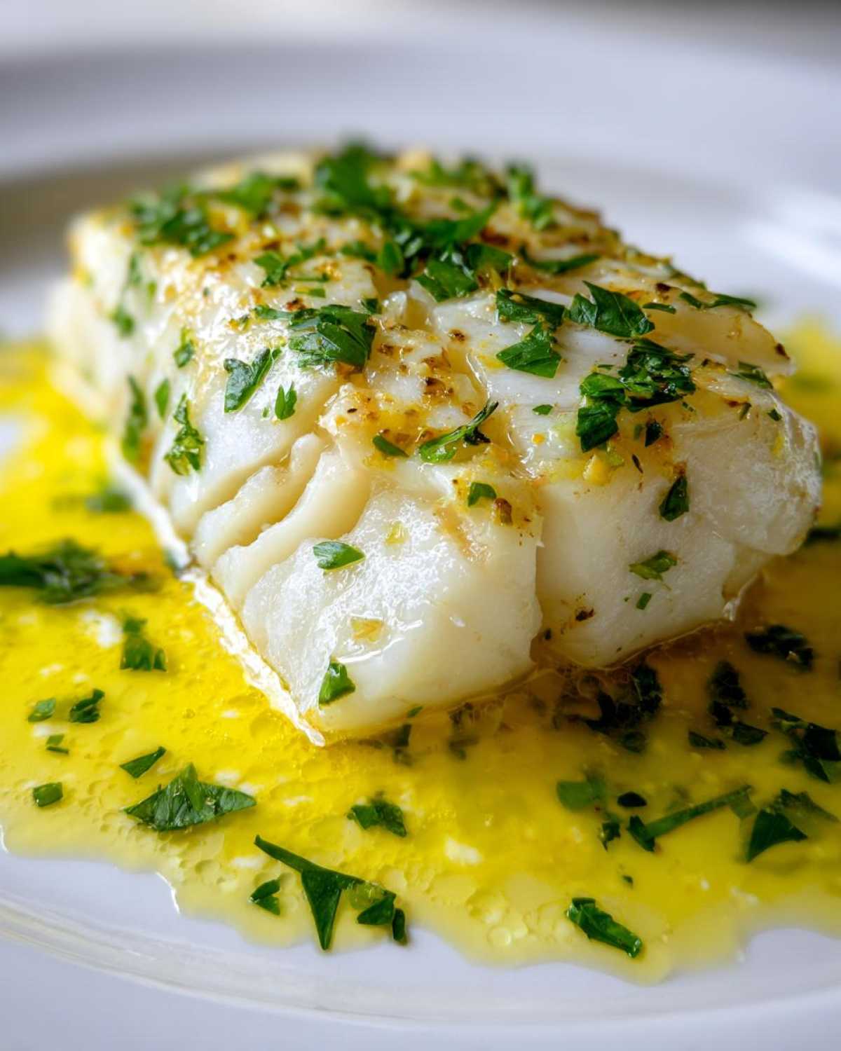 Close-up of a perfectly cooked piece of cod fish topped with herbs, sitting in bright lemon garlic butter sauce.