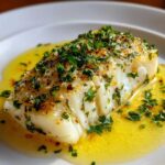 A perfectly cooked fillet of Lemon Garlic Butter Cod resting in a pool of bright yellow butter sauce, topped with fresh parsley.