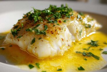 Close-up of a flaky white cod fillet swimming in bright lemon garlic butter sauce, topped with fresh parsley.
