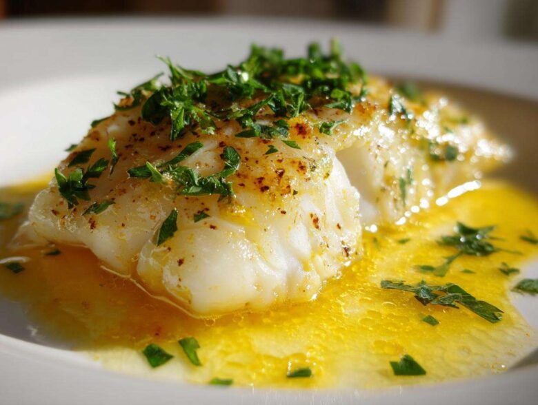 Close-up of a flaky white cod fillet swimming in bright lemon garlic butter sauce, topped with fresh parsley.