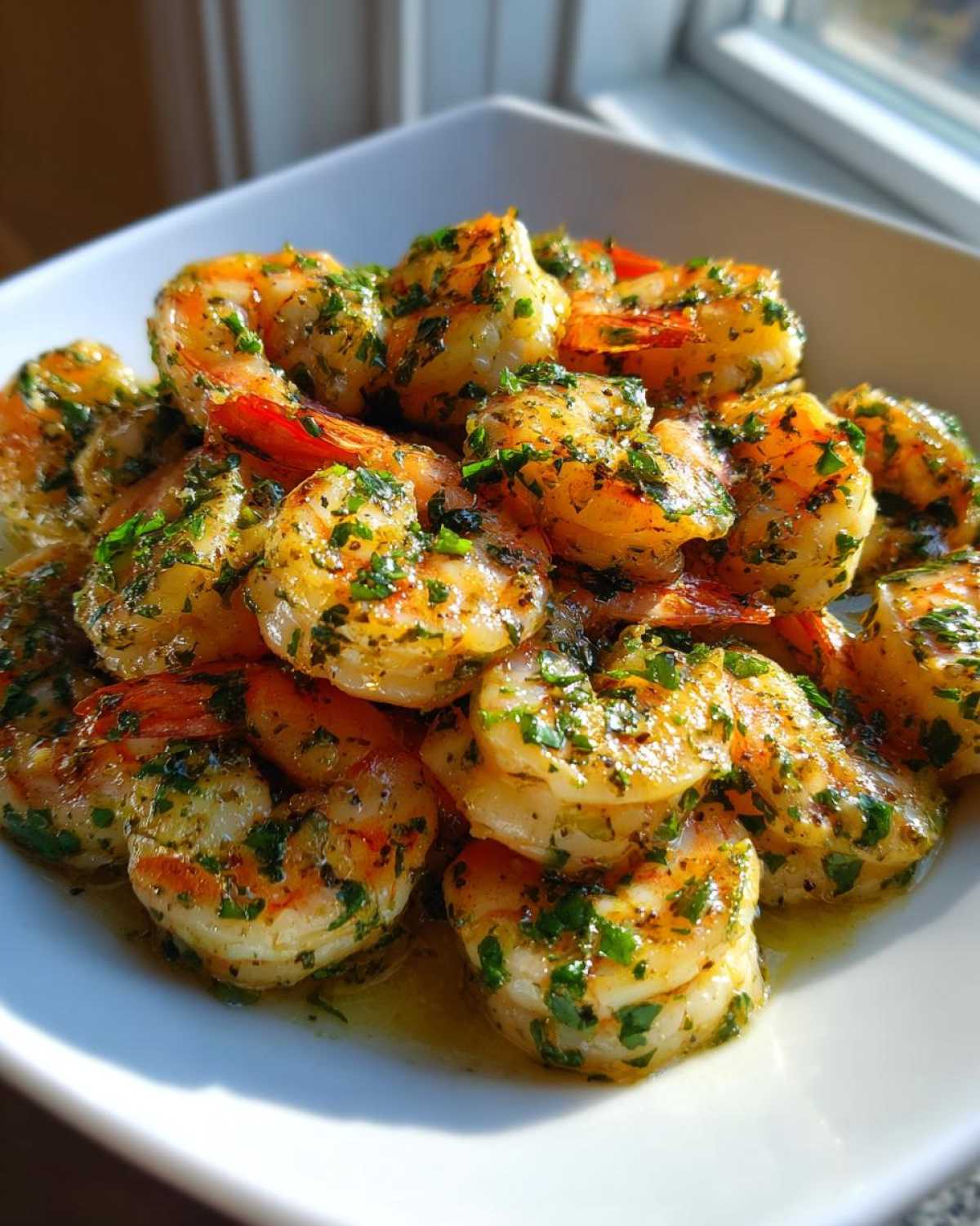 A close-up of juicy Lemon Garlic Shrimp coated in butter, herbs, and spices, served in a white bowl.