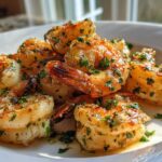 Close-up of juicy Lemon Garlic Shrimp coated in butter, garlic, and fresh chopped parsley on a white plate.