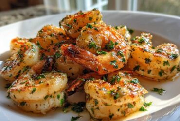 Close-up of juicy Lemon Garlic Shrimp coated in butter, garlic, and fresh chopped parsley on a white plate.
