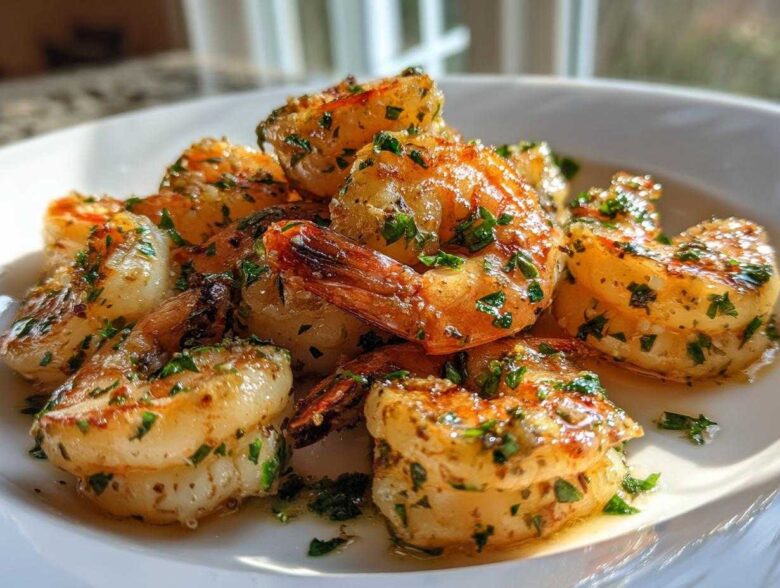 Close-up of juicy Lemon Garlic Shrimp coated in butter, garlic, and fresh chopped parsley on a white plate.