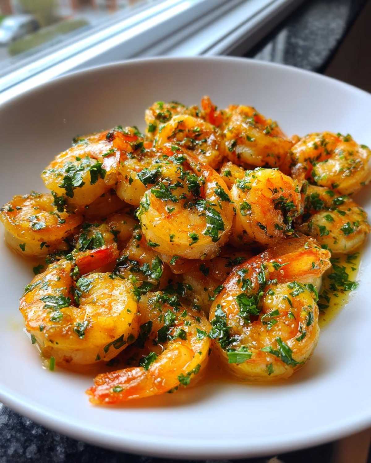 Close-up of juicy Lemon Garlic Shrimp coated in butter sauce and fresh parsley served in a white bowl.