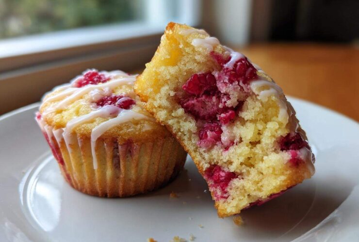 A Lemon Raspberry Muffin cut in half showing the moist interior packed with raspberries, drizzled with white glaze.