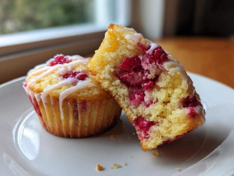 A Lemon Raspberry Muffin cut in half showing the moist interior packed with raspberries, drizzled with white glaze.