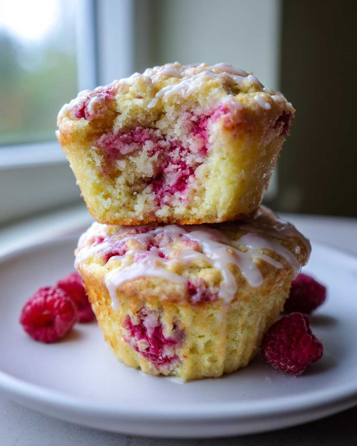 Two stacked Lemon Raspberry Muffins, one split open to show the bright pink fruit inside, drizzled with white glaze.