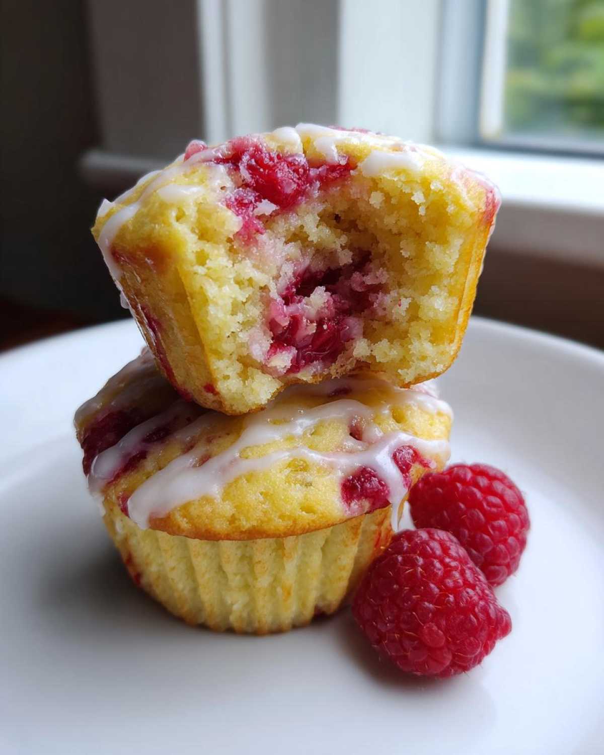 Two stacked Lemon Raspberry Muffins drizzled with white glaze, one bitten into, next to fresh raspberries.