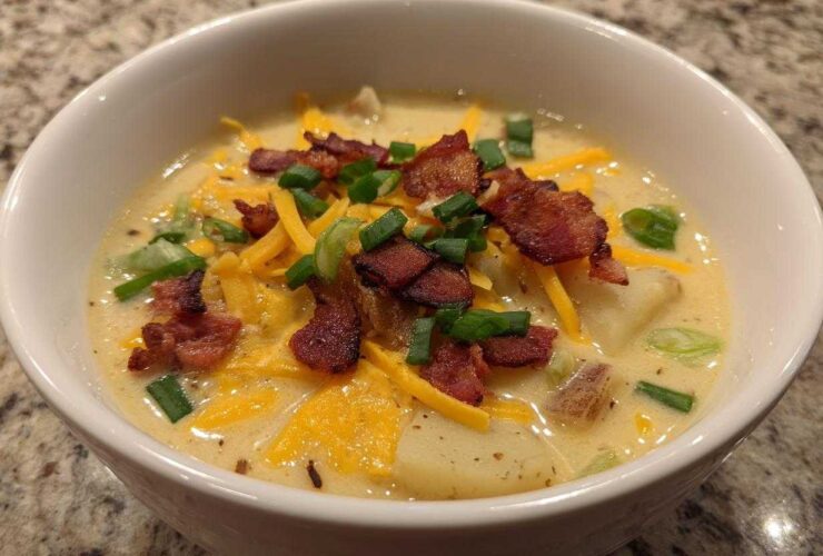 Close-up of a creamy bowl of Potato Soup topped generously with shredded cheddar cheese, crispy bacon bits, and sliced green onions.