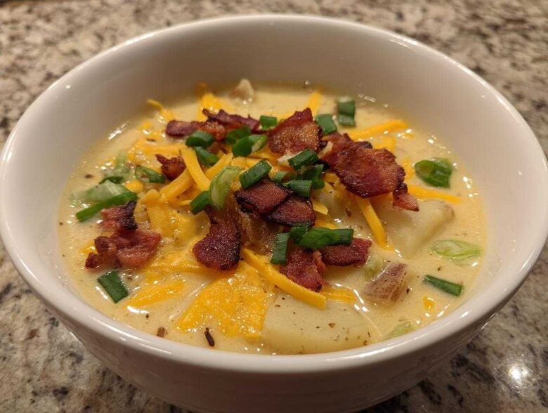 Close-up of a creamy bowl of Potato Soup topped generously with shredded cheddar cheese, crispy bacon bits, and sliced green onions.