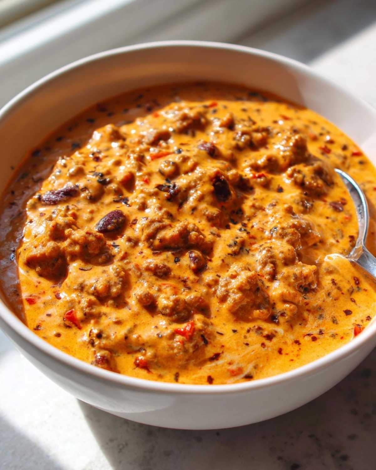Close-up of a white bowl filled with creamy, orange-hued Loaded Cowboy Queso featuring ground meat and visible spices.