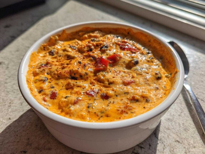 A close-up of a white bowl filled with rich, orange-hued Loaded Cowboy Queso, topped with spices and peppers.