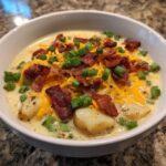 Close-up of a creamy bowl of Potato Soup topped generously with shredded cheddar cheese, crispy bacon bits, and fresh green onions.