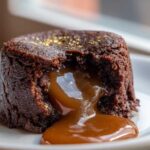 Close-up of a decadent chocolate lava cake oozing warm caramel, perfect to Elevate Mother s Day with Luxury Chocolate.