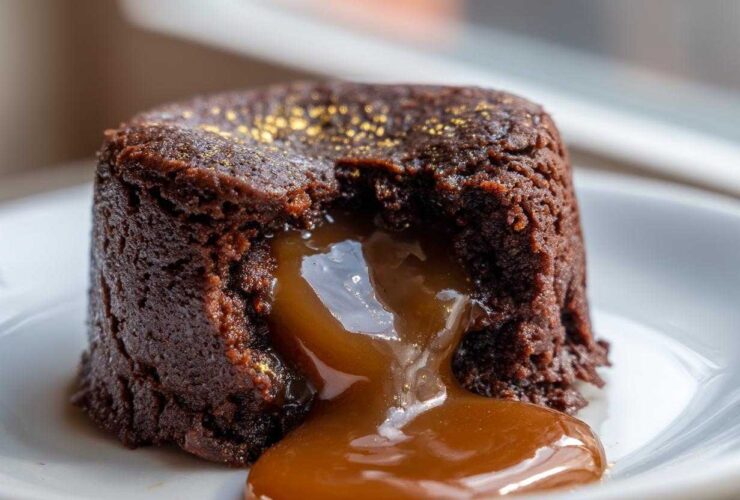 Close-up of a decadent chocolate lava cake oozing warm caramel, perfect to Elevate Mother s Day with Luxury Chocolate.