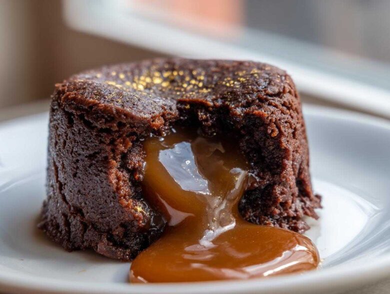 Close-up of a decadent chocolate lava cake oozing warm caramel, perfect to Elevate Mother s Day with Luxury Chocolate.