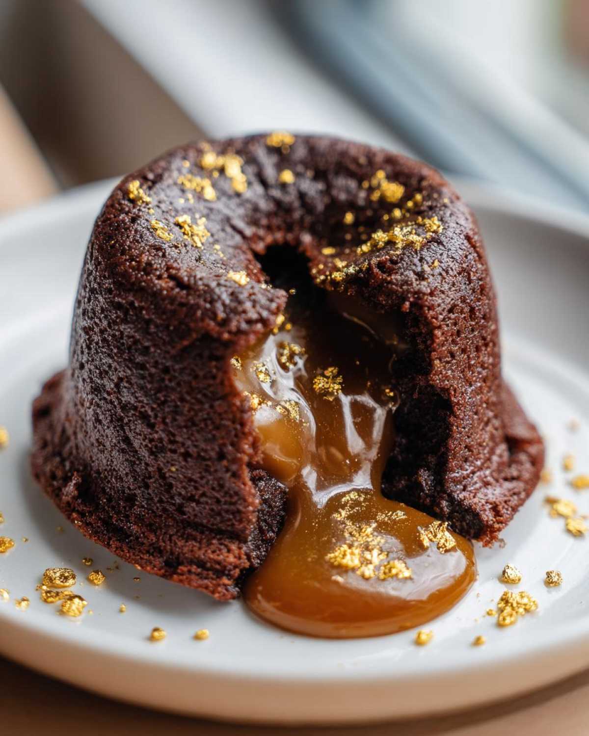 Close-up of a rich chocolate lava cake with molten caramel center oozing out, sprinkled with edible gold flakes to Elevate Mother's Day with Luxury Chocolate.