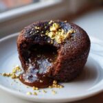 A decadent chocolate lava cake with molten center oozing out, topped with edible gold flakes for a luxury feel.