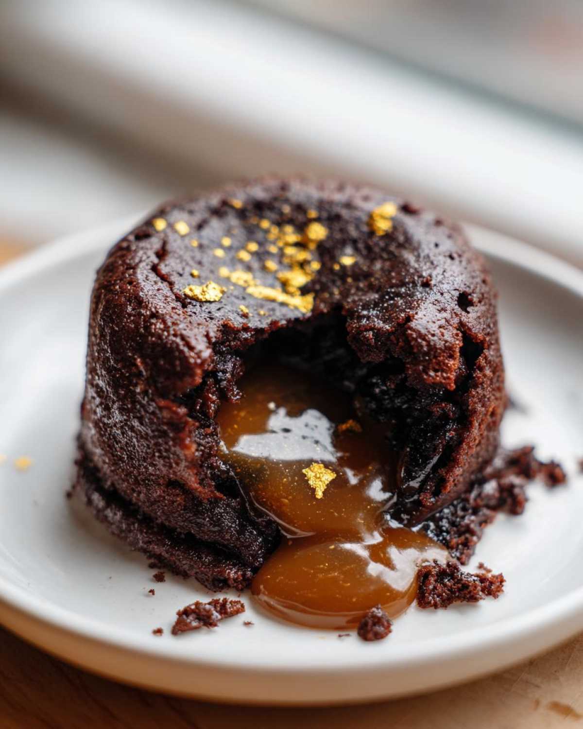 Close-up of a rich chocolate lava cake oozing caramel filling, topped with edible gold flakes for Mother's Day.