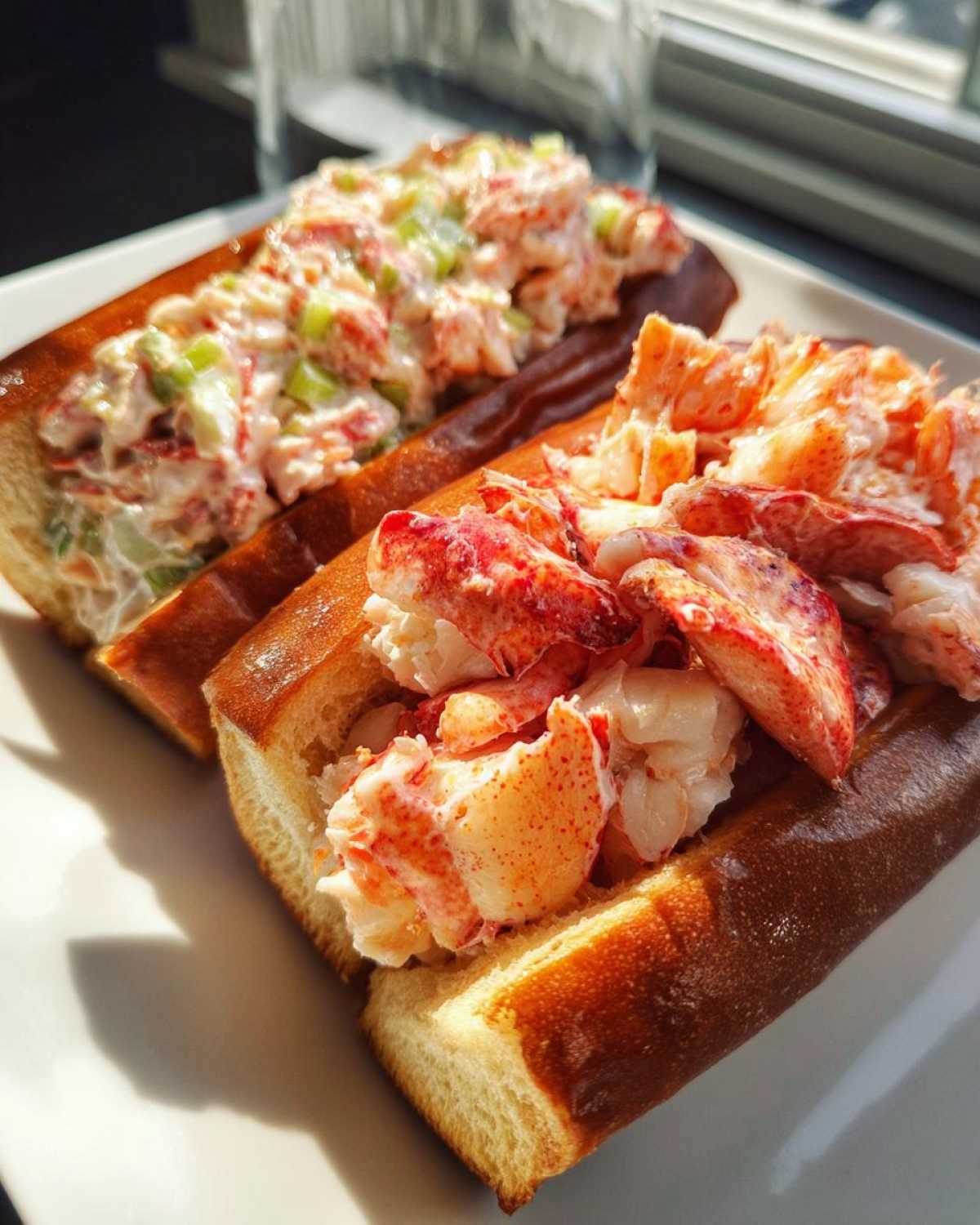 Two different Lobster Roll styles side-by-side: one with chunky lobster meat and one with creamy lobster salad.