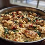 A close-up of creamy Marry Me Chicken Orzo mixed with spinach and sun-dried tomatoes in a stainless steel skillet.