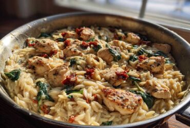 A close-up of creamy Marry Me Chicken Orzo mixed with spinach and sun-dried tomatoes in a stainless steel skillet.