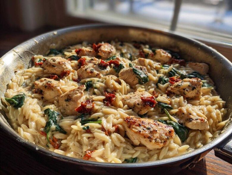 A close-up of creamy Marry Me Chicken Orzo mixed with spinach and sun-dried tomatoes in a stainless steel skillet.