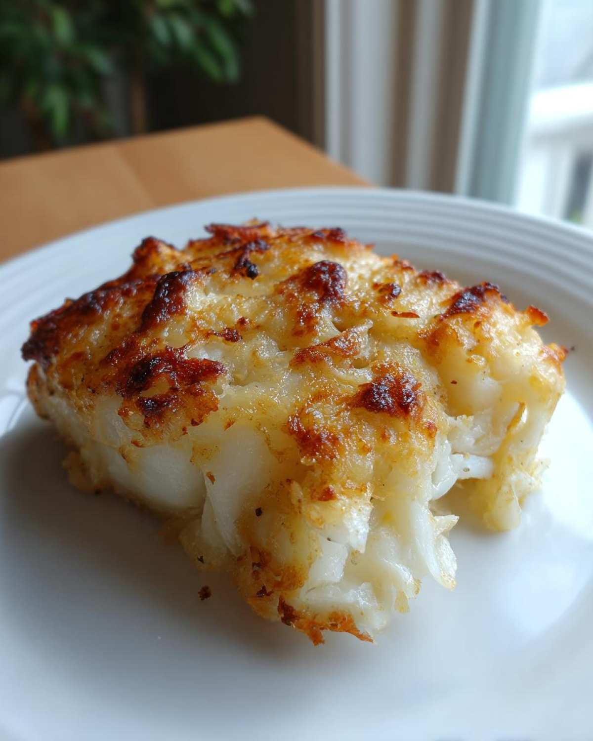 A close-up of a flaky, white cod fillet topped with a golden-brown, baked Mayo Parmesan crust.