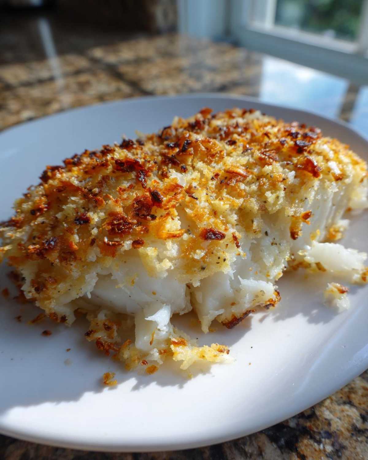 A close-up of a flaky white fish fillet topped with a golden, crispy Mayo Parmesan crust.