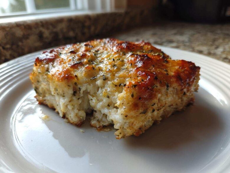 A close-up of a baked portion of Mayo Parmesan Cod showing the flaky white fish and browned, herbed cheese topping.