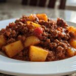 Close-up of a hearty serving of Mexican Picadillo with Potatoes in a rich tomato-based sauce on a white plate.