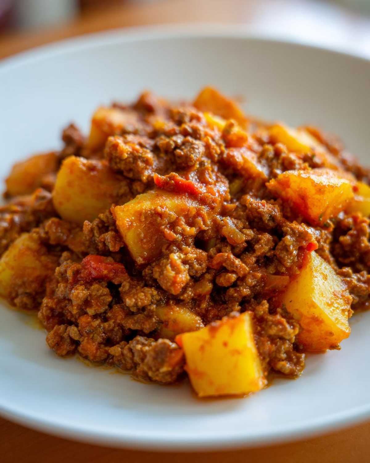 Close-up of a hearty serving of Mexican Picadillo with Potatoes in a white bowl.