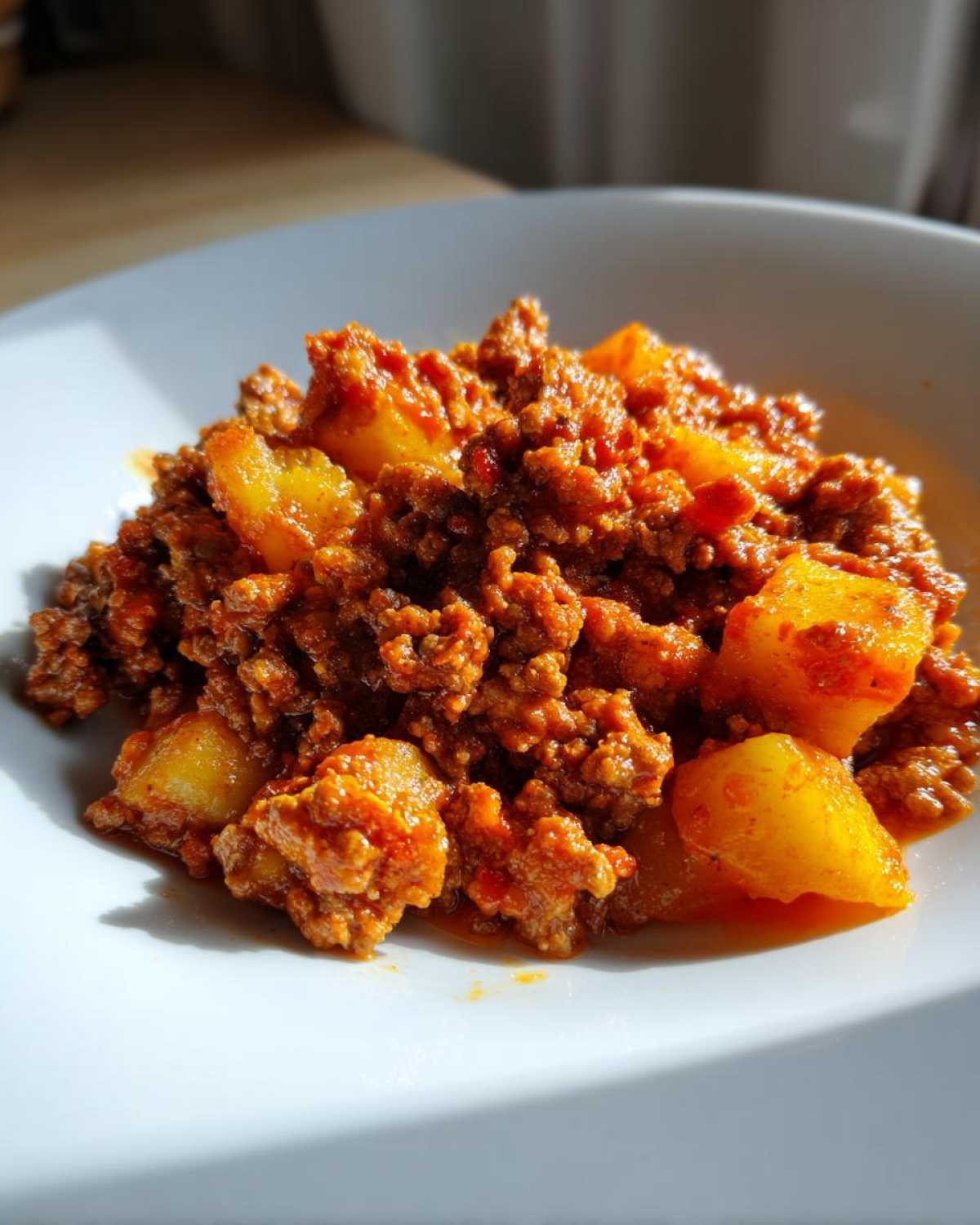 Close-up of a hearty serving of rich, red Mexican Picadillo with Potatoes on a white plate.