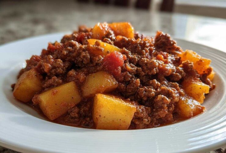 Close-up of a hearty serving of Mexican Picadillo with Potatoes in a rich tomato-based sauce on a white plate.