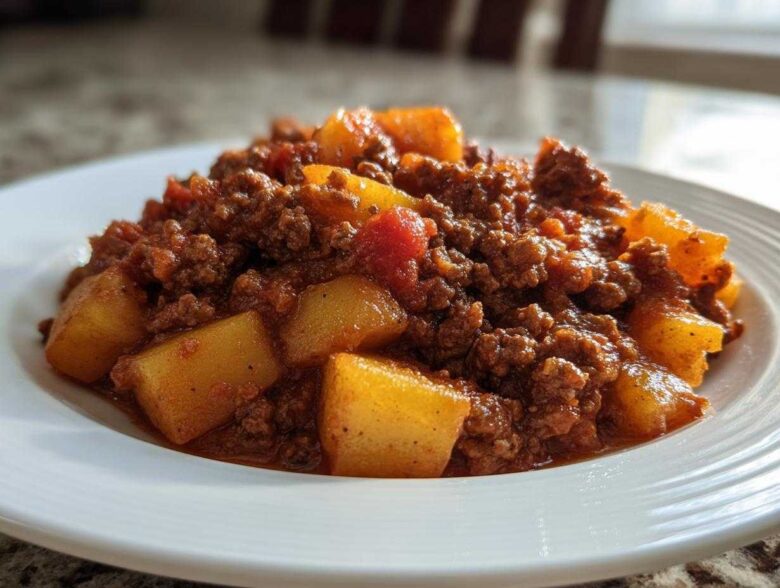 Close-up of a hearty serving of Mexican Picadillo with Potatoes in a rich tomato-based sauce on a white plate.