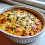 A freshly baked Mexican Street Corn Dip, creamy and cheesy with browned edges, topped with chopped red onion and cilantro.