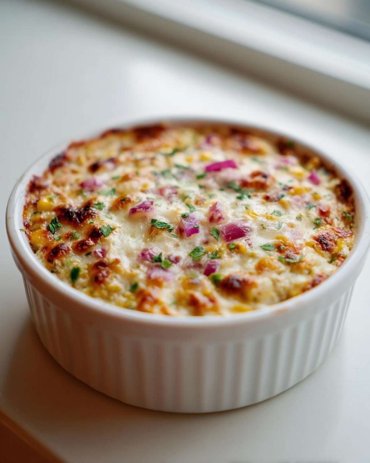 A close-up of hot, cheesy Mexican Street Corn Dip baked in a white ramekin, topped with red onion and parsley.