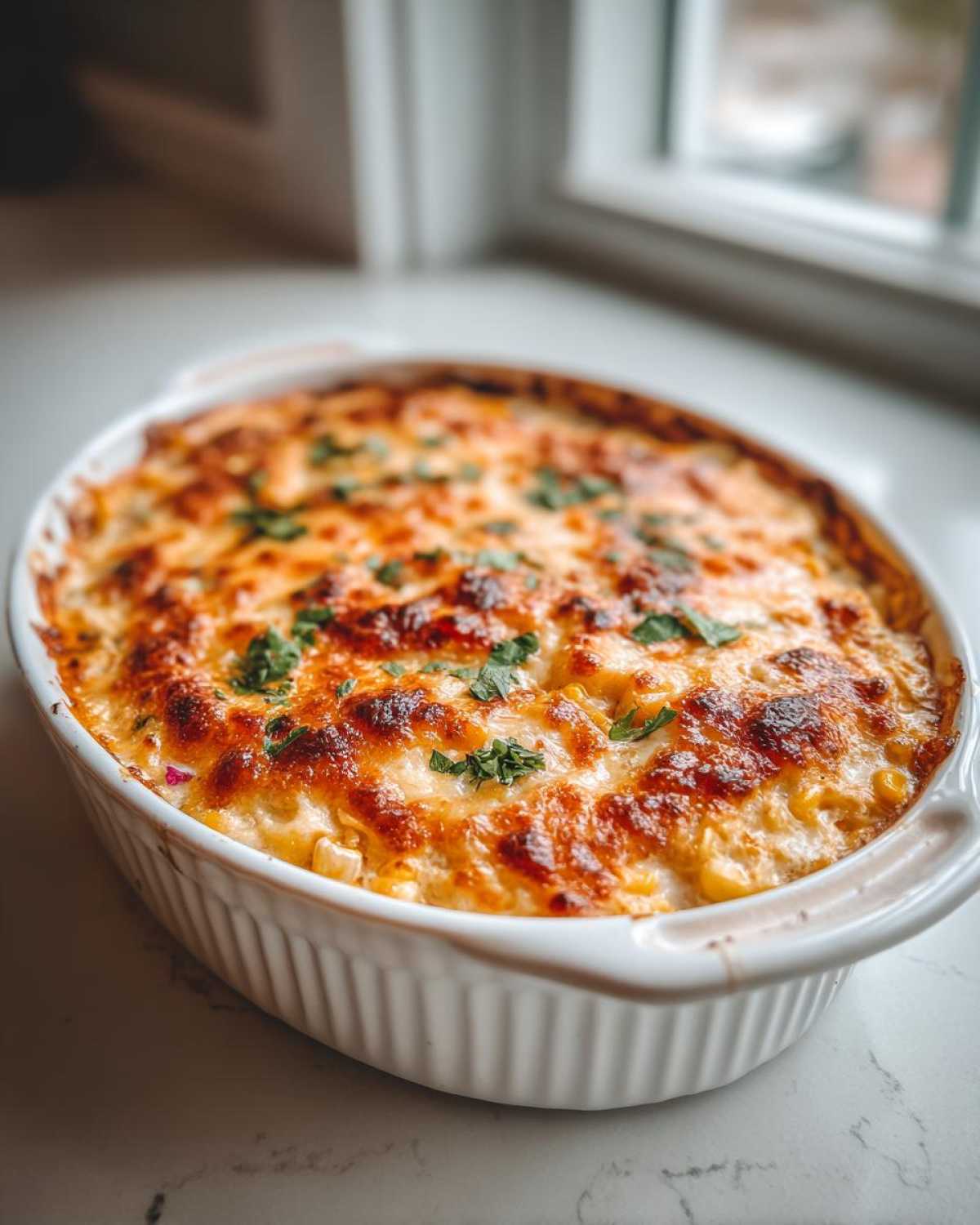Close-up of a baked Mexican Street Corn Dip with a bubbly, browned cheese topping and fresh cilantro.