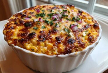 Close-up of a baked Mexican Street Corn Dip Creamy, Cheesy & Irresistible topped with red onion and cilantro.