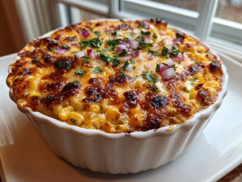 Close-up of a baked Mexican Street Corn Dip Creamy, Cheesy & Irresistible topped with red onion and cilantro.