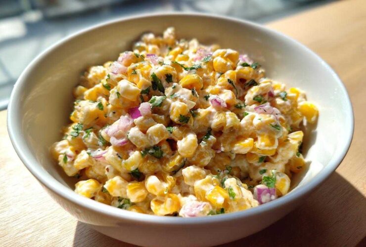 Close-up of creamy Mexican Street Corn Pasta Salad featuring corn, red onion, and cilantro in a white bowl.