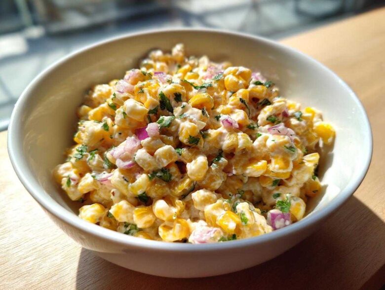 Close-up of creamy Mexican Street Corn Pasta Salad featuring corn, red onion, and cilantro in a white bowl.