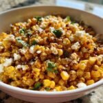 A close-up of a white bowl filled with charred corn kernels, crumbled white cheese, and cilantro, representing Mexican Street Corn Salad Esquites.
