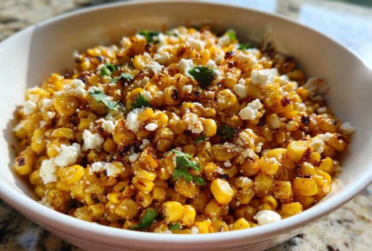 A close-up of a white bowl filled with charred corn kernels, crumbled white cheese, and cilantro, representing Mexican Street Corn Salad Esquites.