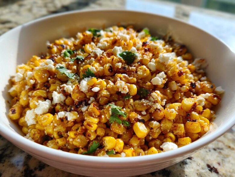 A close-up of a white bowl filled with charred corn kernels, crumbled white cheese, and cilantro, representing Mexican Street Corn Salad Esquites.