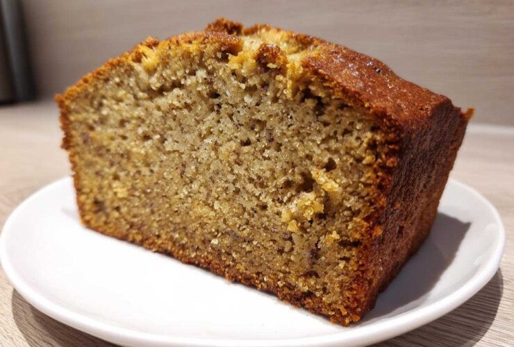 Close-up of a thick slice of moist Banana Bread showing a tender crumb and golden-brown crust, served on a white plate.