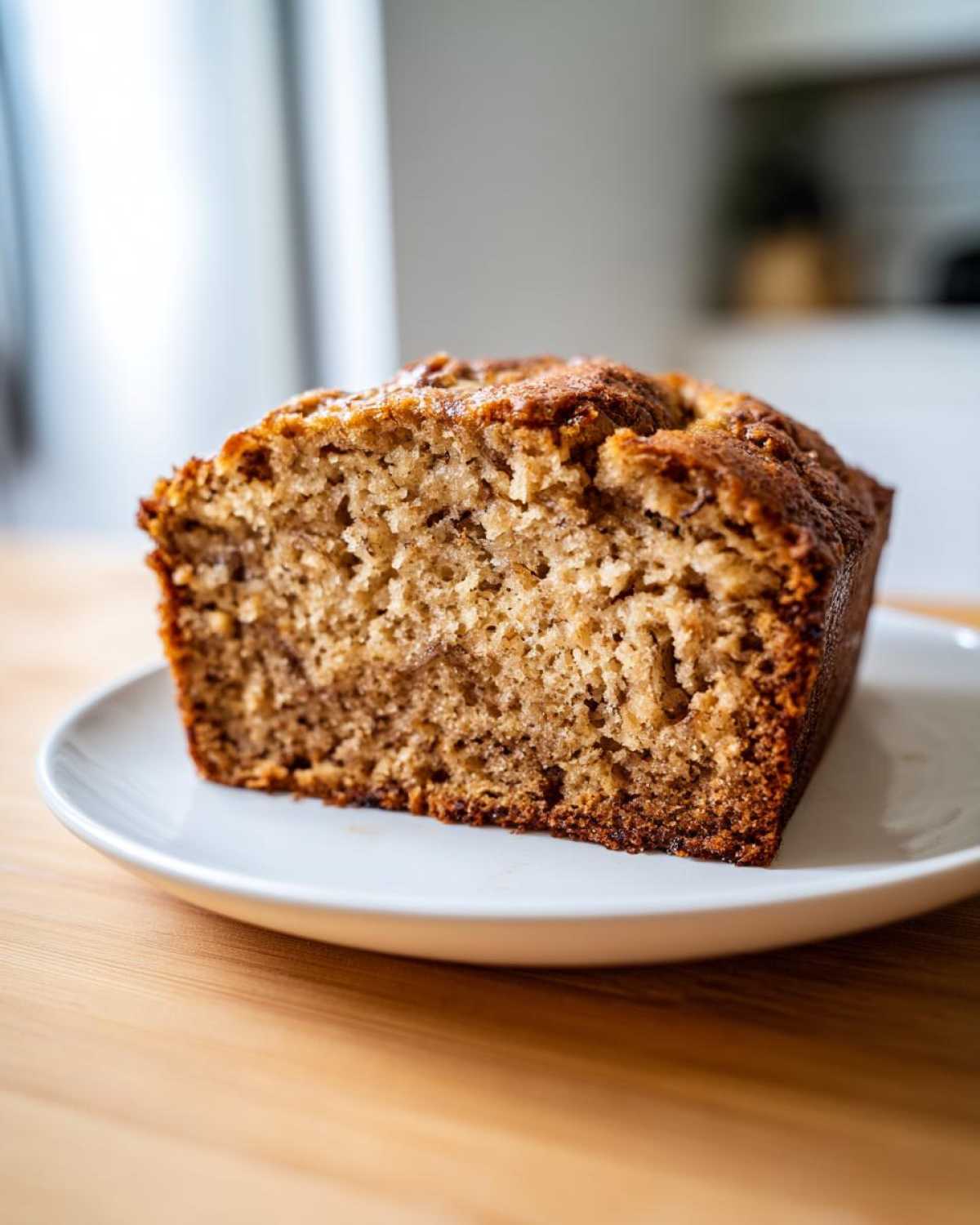 Close-up of a thick slice of moist Banana Bread with a rich brown crust, resting on a white plate.