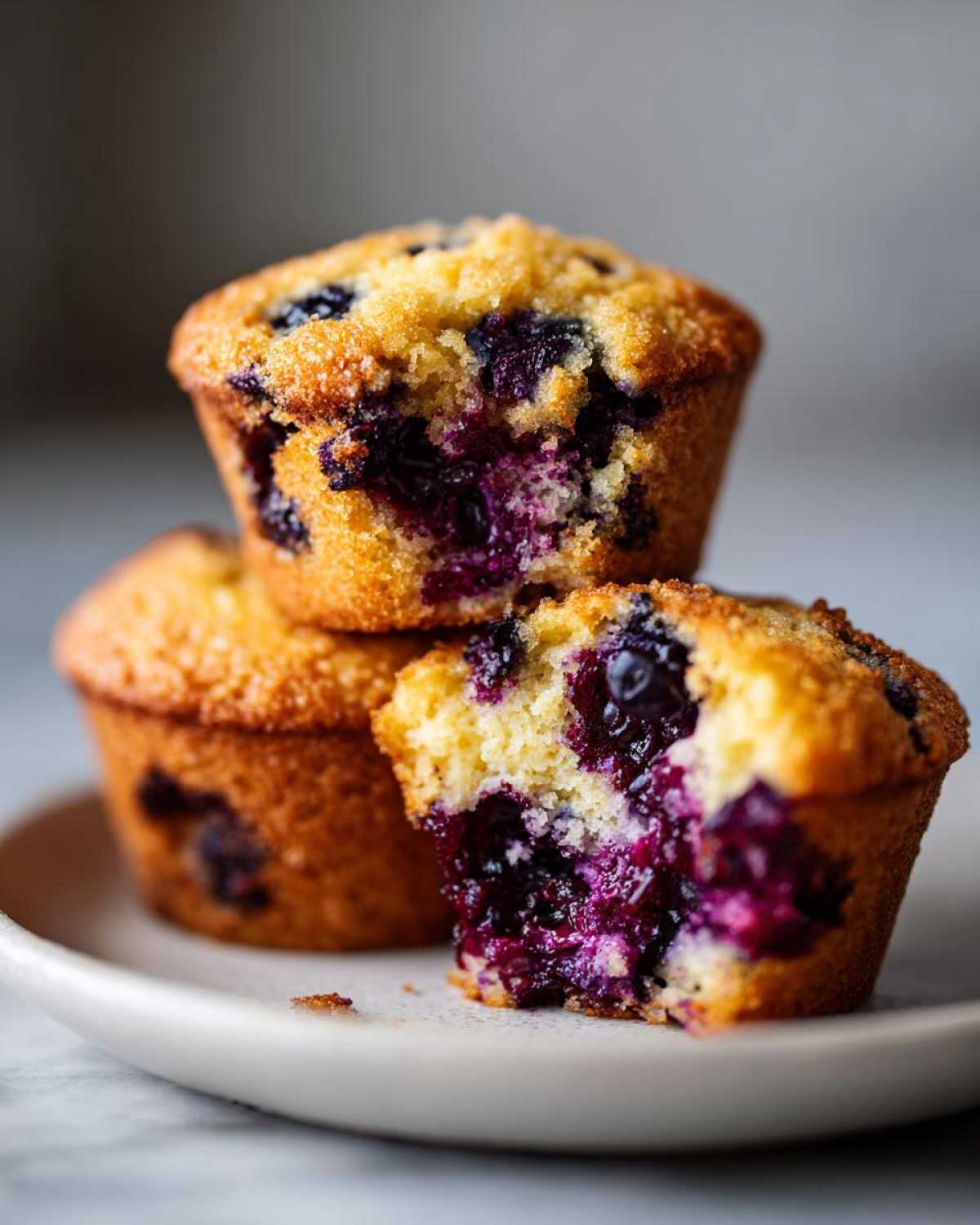Close-up of three moist Blueberry Muffins, one broken open to show the jammy, purple interior.