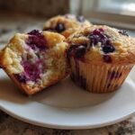 Close-up of two golden Blueberry Muffins on a white plate, one cut in half showing the moist interior packed with blueberries.